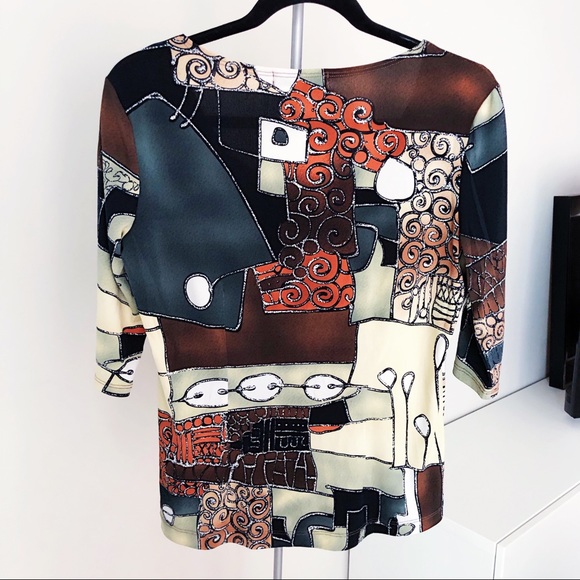 Green Brown Grey Abstract Print Pattern Blouse Top - Picture 2 of 2